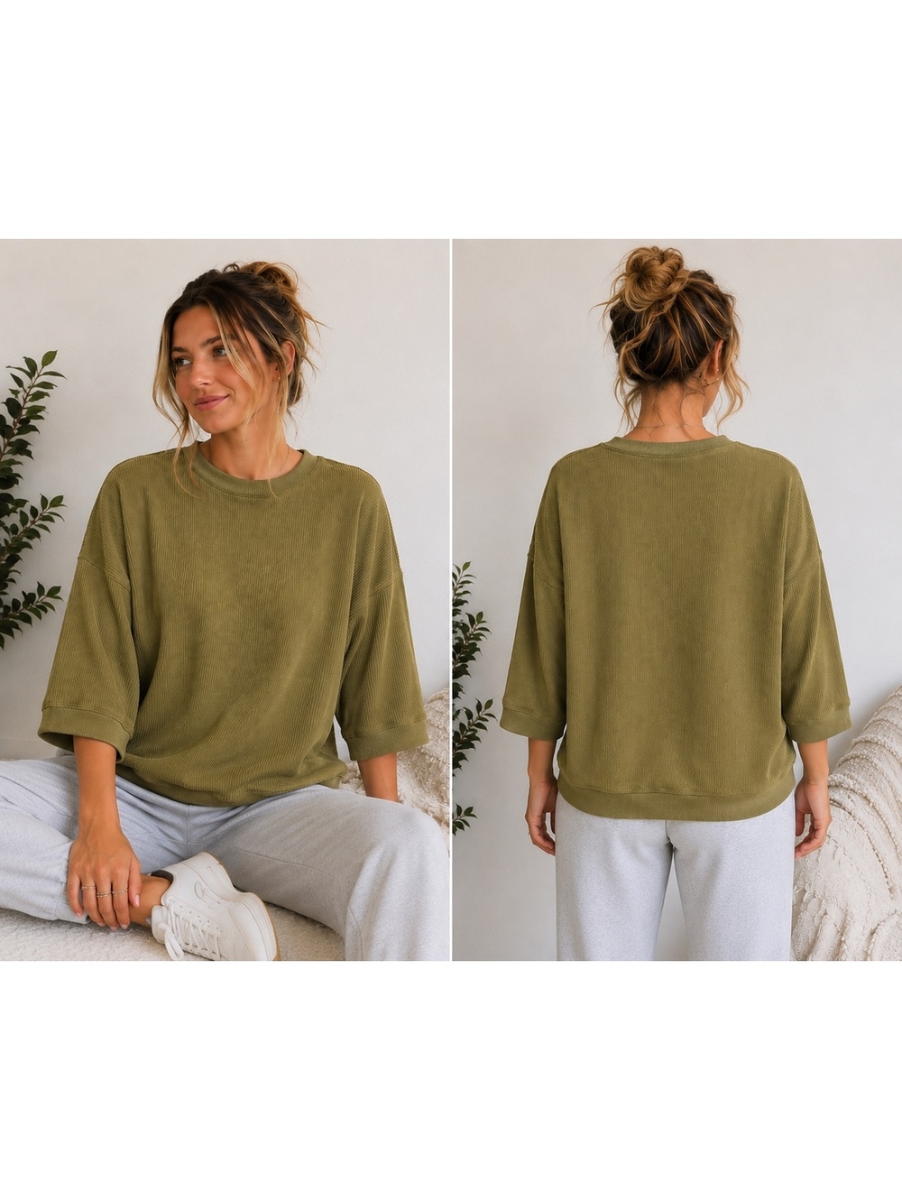Aerie Big Chill Oversized Corded Ribbed 3/4 Sleeve Sweatshirt Olive Green S